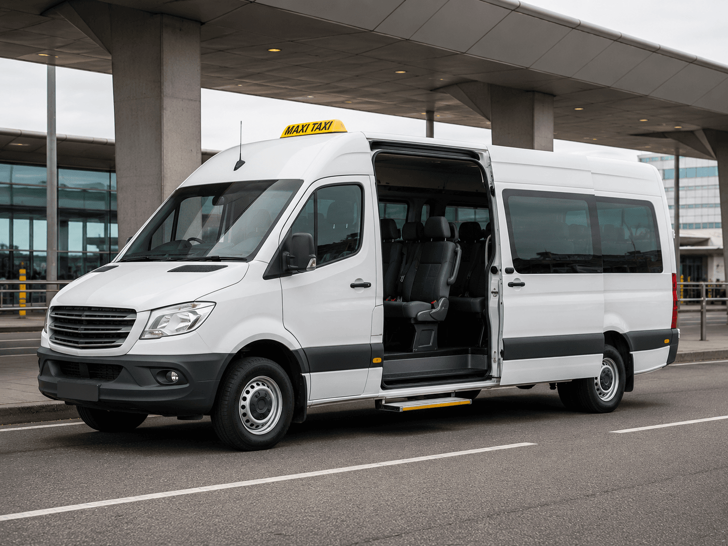 White 11-seater extended maxi cab mini bus for group transfers