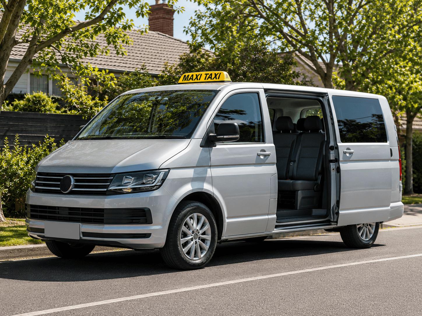 Silver 7-seater maxi cab van with sliding side door