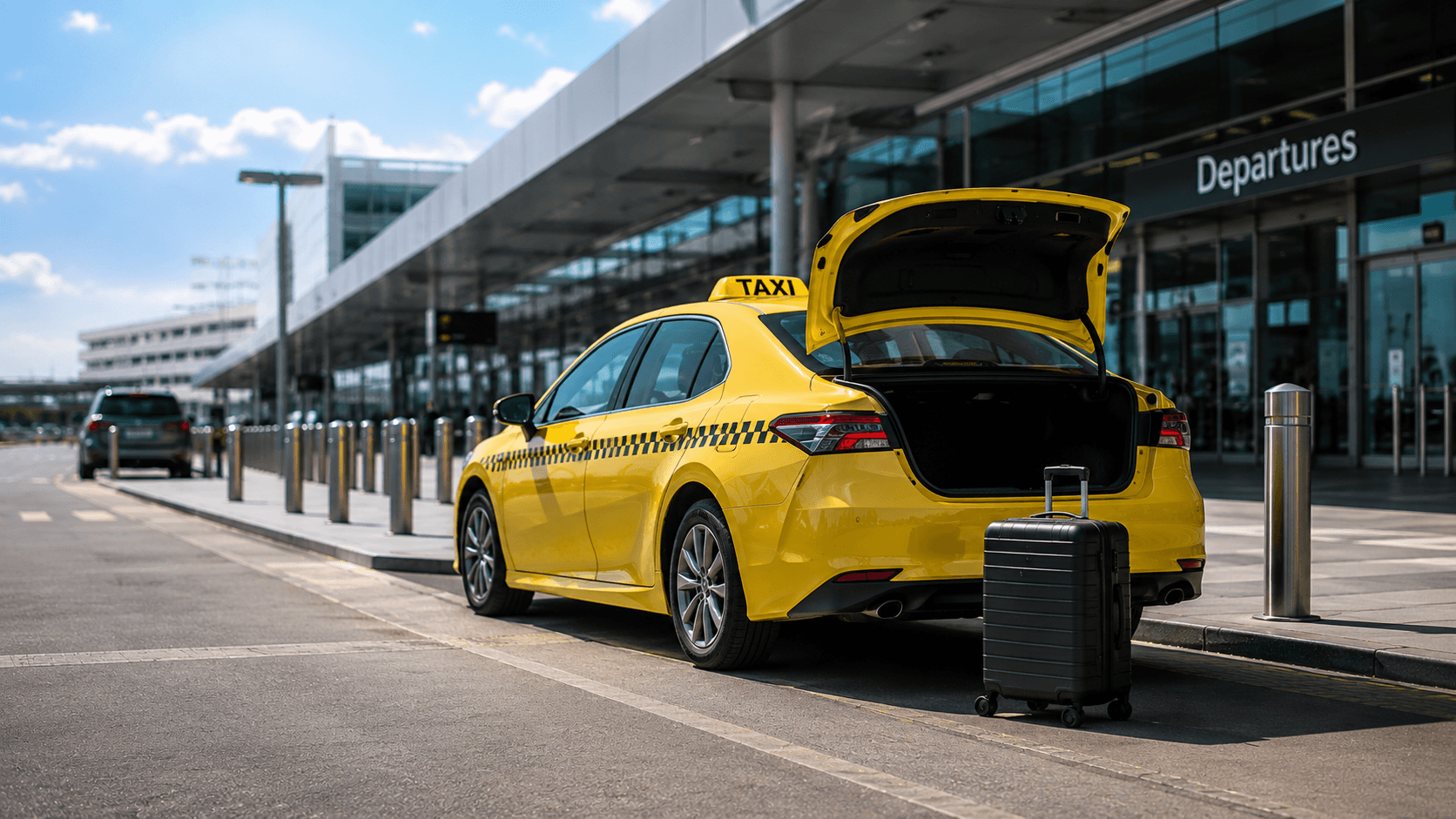 Taxi at the Melbourne Airport (Tullamarine) drop-off terminal with passenger luggage