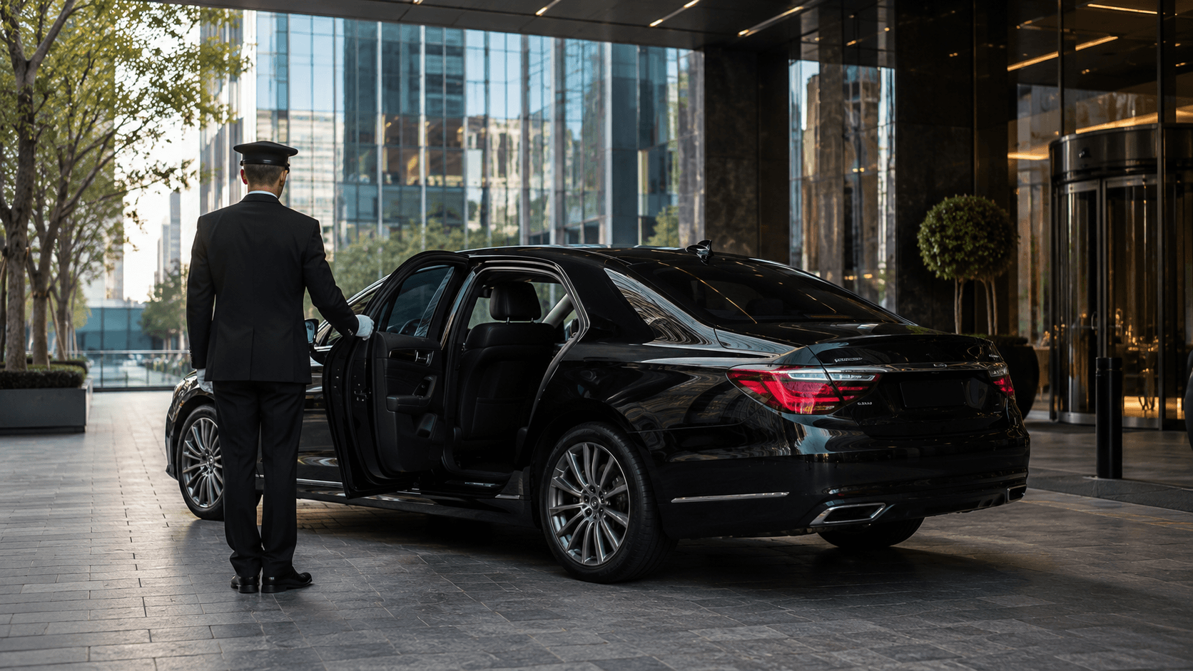 Suited driver opening rear door of a premium black sedan for a corporate passenger in Melbourne CBD