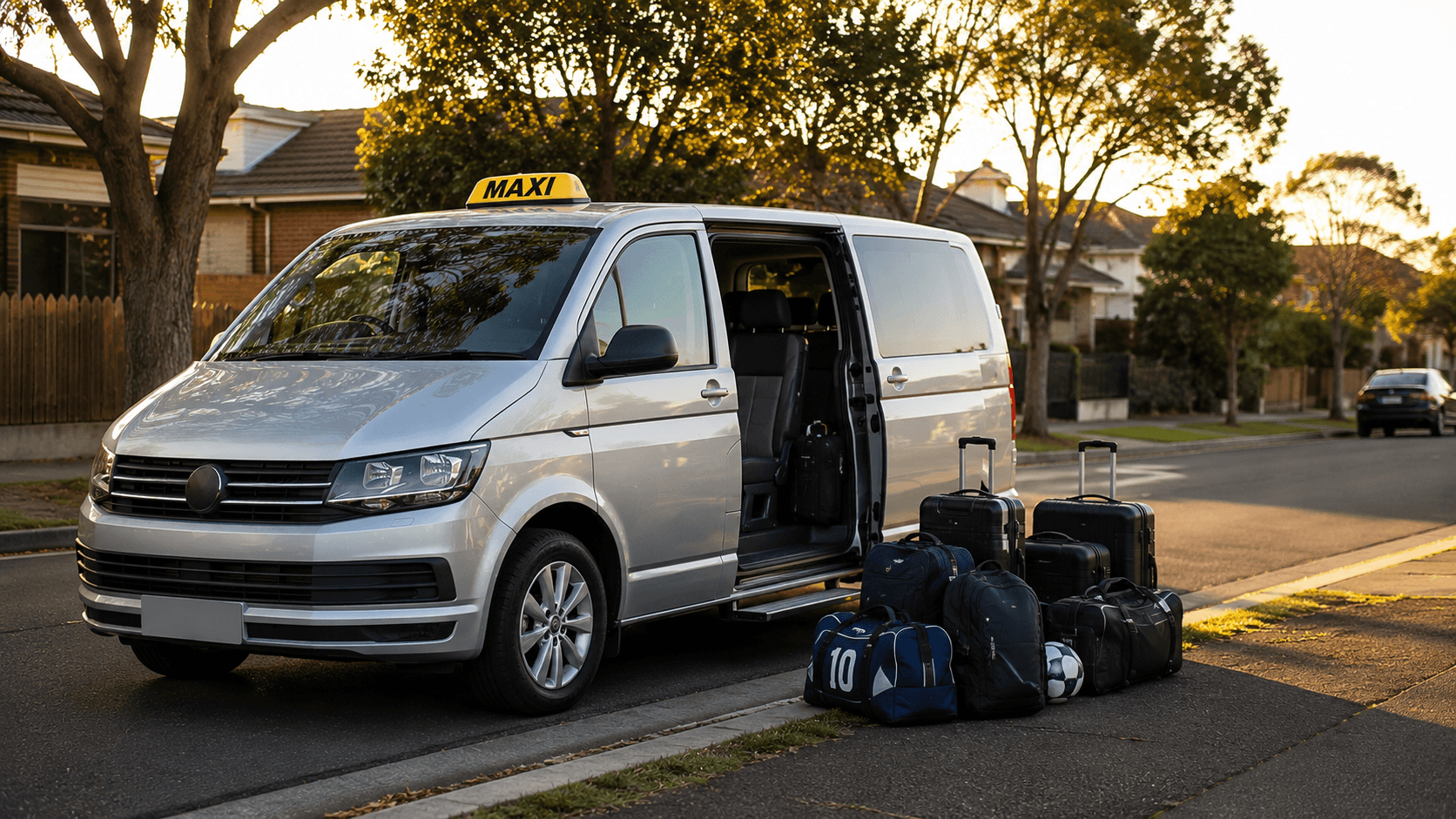 Group of friends loading luggage into a silver Melbourne maxi cab with sliding side door open